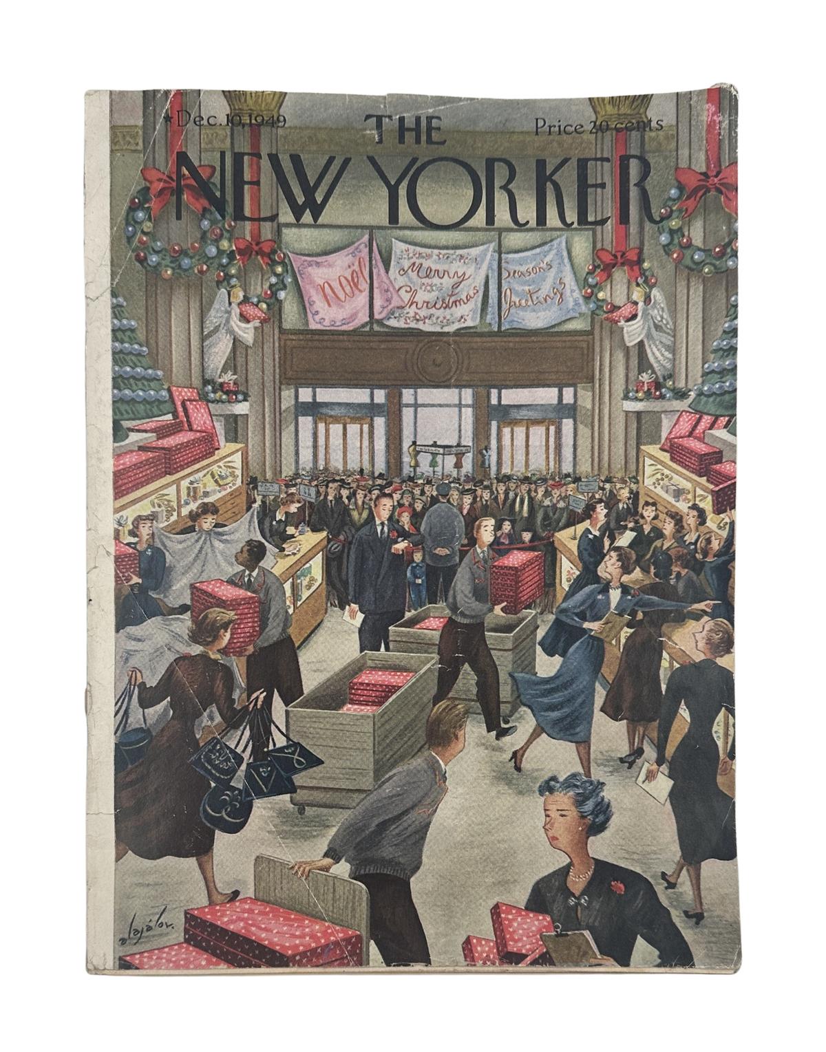 The New Yorker Magazine December 10, 1949 Christmas Store Constantin Aladjalov Cover showing a busy department store decorated for Christmas shopping.