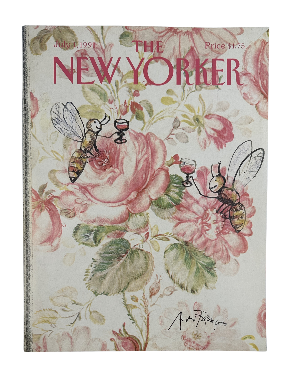 The New Yorker Magazine July 1, 1991 Bees Toasting Wine Floral André François Cover VG, featuring illustrated bees raising wine glasses among pink flowers on a floral background.