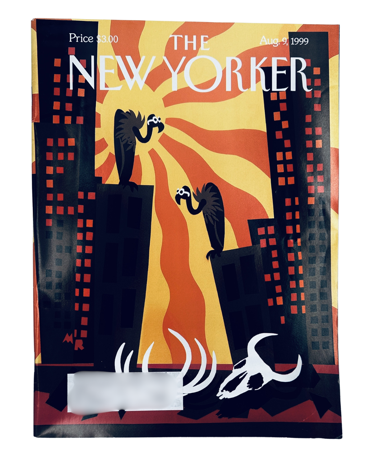 The New Yorker Magazine August 9, 1999 Vultures City Heat Wave Michael Roberts Cover VG, illustrated cover showing vultures flying between city buildings under a dramatic orange heat wave sun.