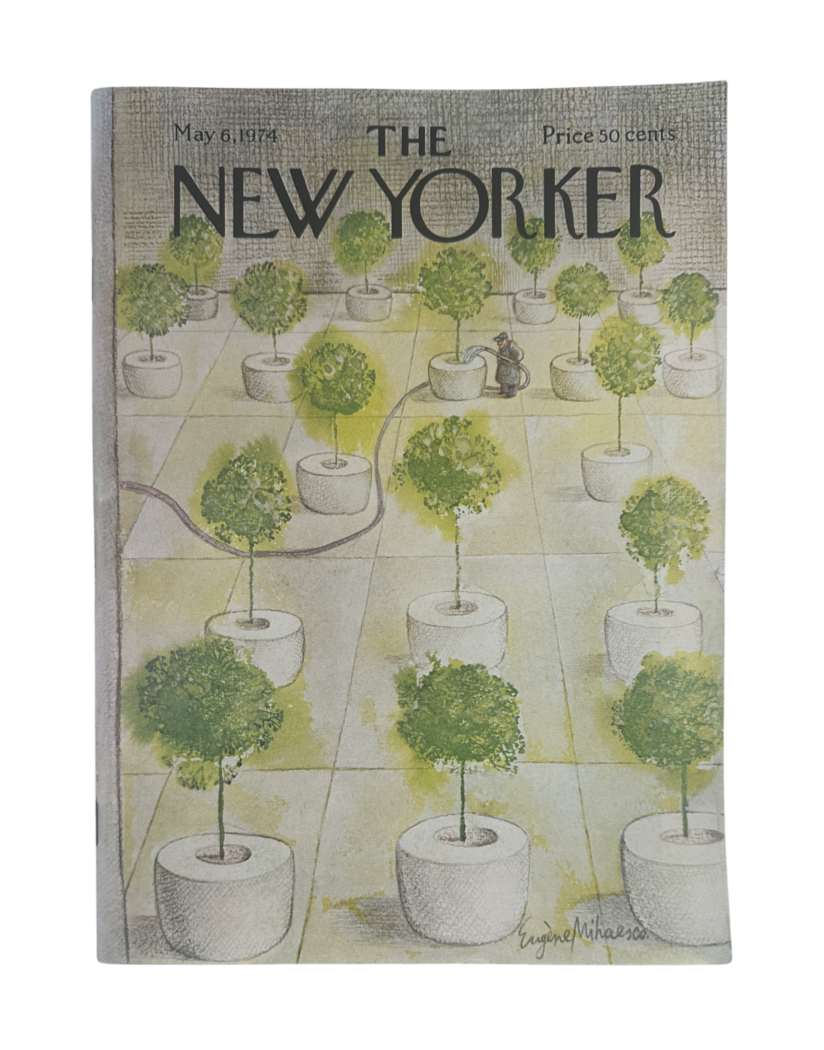 The New Yorker Magazine May 6, 1974 Potted Trees Eugene Mihaesco Cover VG, front cover featuring potted trees arranged on a tiled floor.