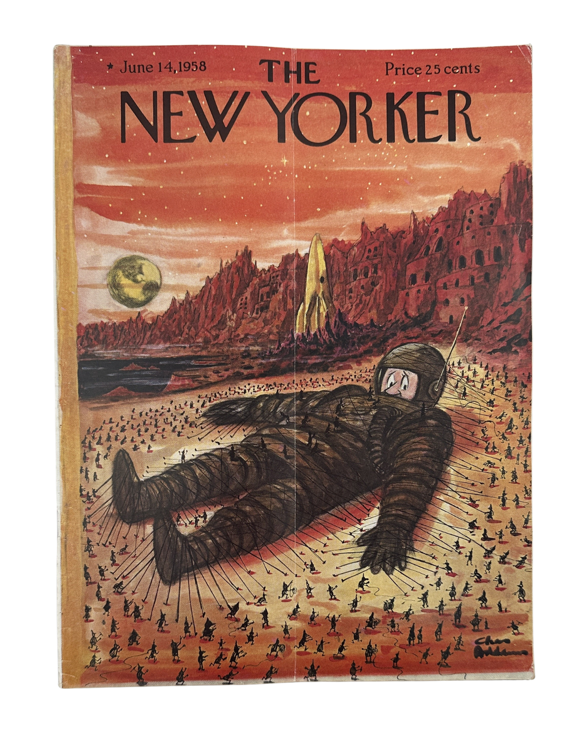 The New Yorker Magazine June 14, 1958 Sci-Fi Space Charles Addams Cover, complete vintage magazine showing a futuristic astronaut-like figure floating over a red alien landscape.