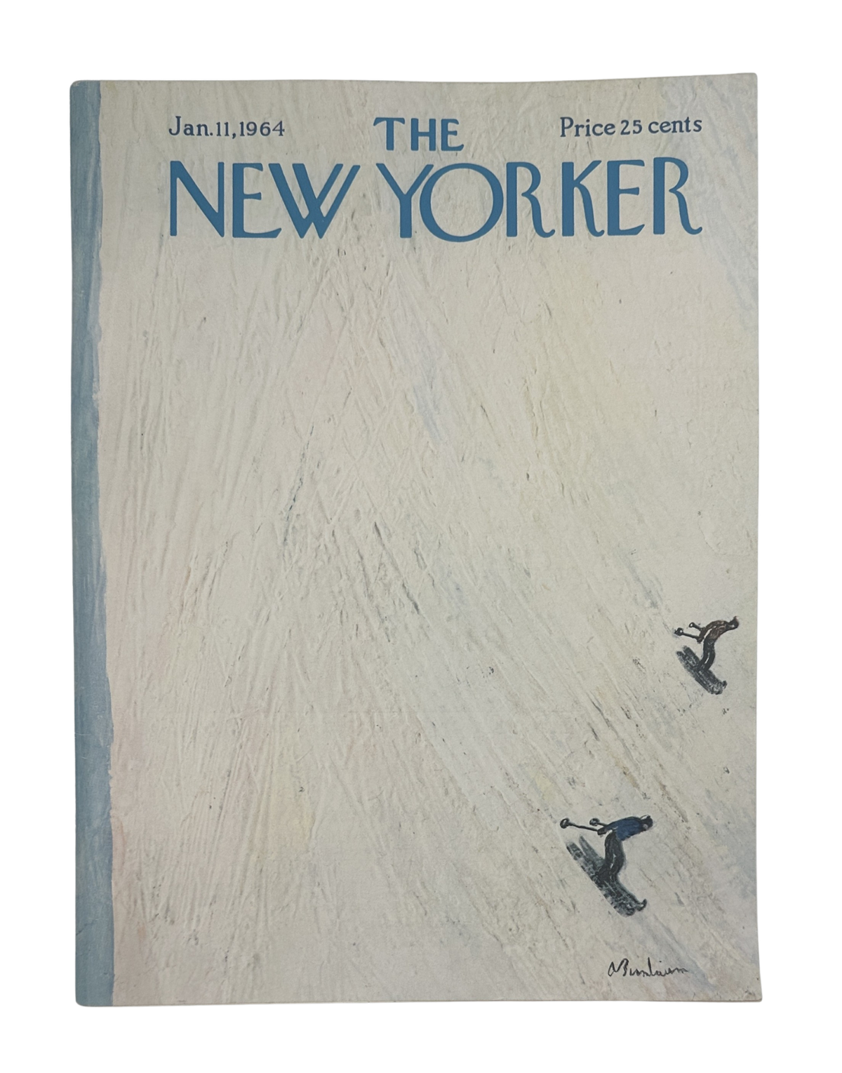 The New Yorker Magazine January 11, 1964 Skiers Snowy Slope Abe Birnbaum Cover, featuring two skiers descending a snowy slope.