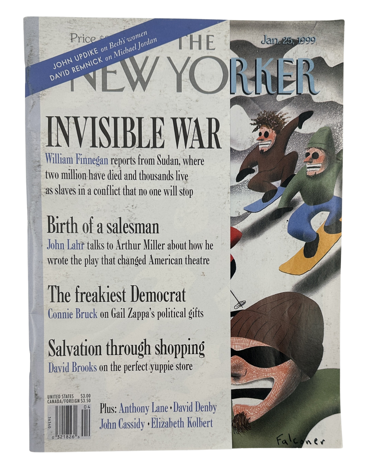 The New Yorker Magazine January 25, 1999 Snowboarders Winter Ian Falconer Cover VG, front cover featuring illustrated snowboarders and headlines for The Invisible War, Birth of a Salesman, The Freakiest Democrat, and Salvation Through Shopping.