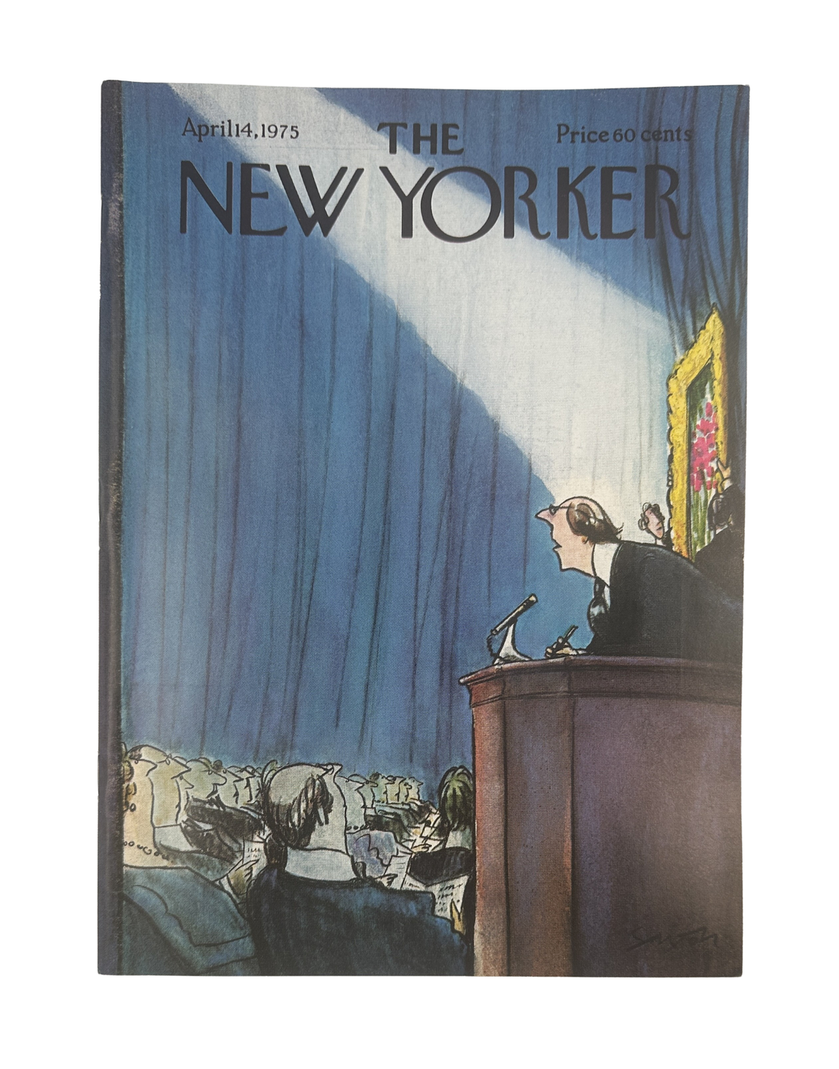 The New Yorker Magazine April 14, 1975 Speech Audience Charles Saxon Cover VG, showing an illustrated speaker addressing an audience from a podium beneath blue theater curtains.