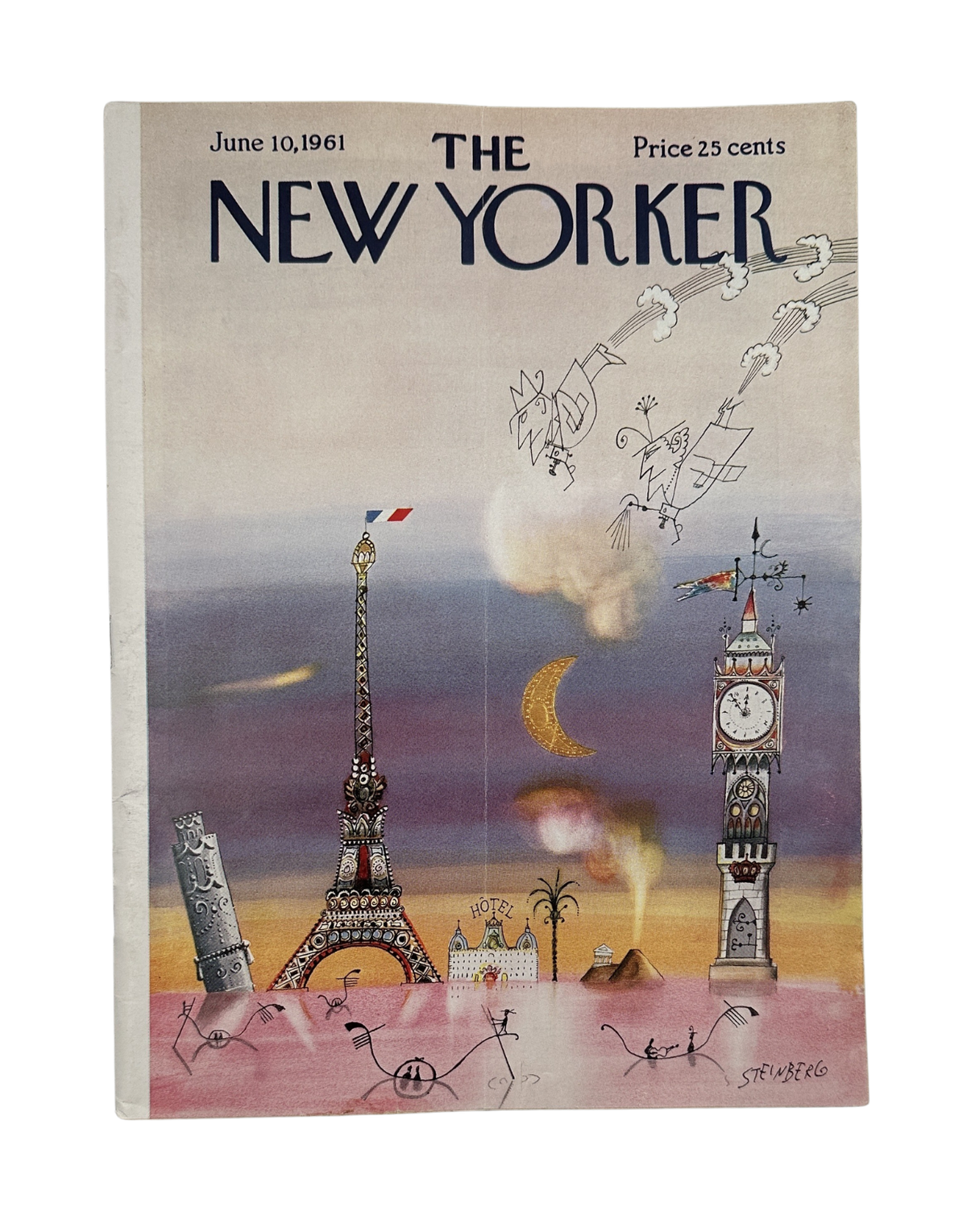 The New Yorker Magazine June 10, 1961 World Landmarks Saul Steinberg Cover featuring illustrated Eiffel Tower, Big Ben, ancient monuments, and surreal landscape imagery.