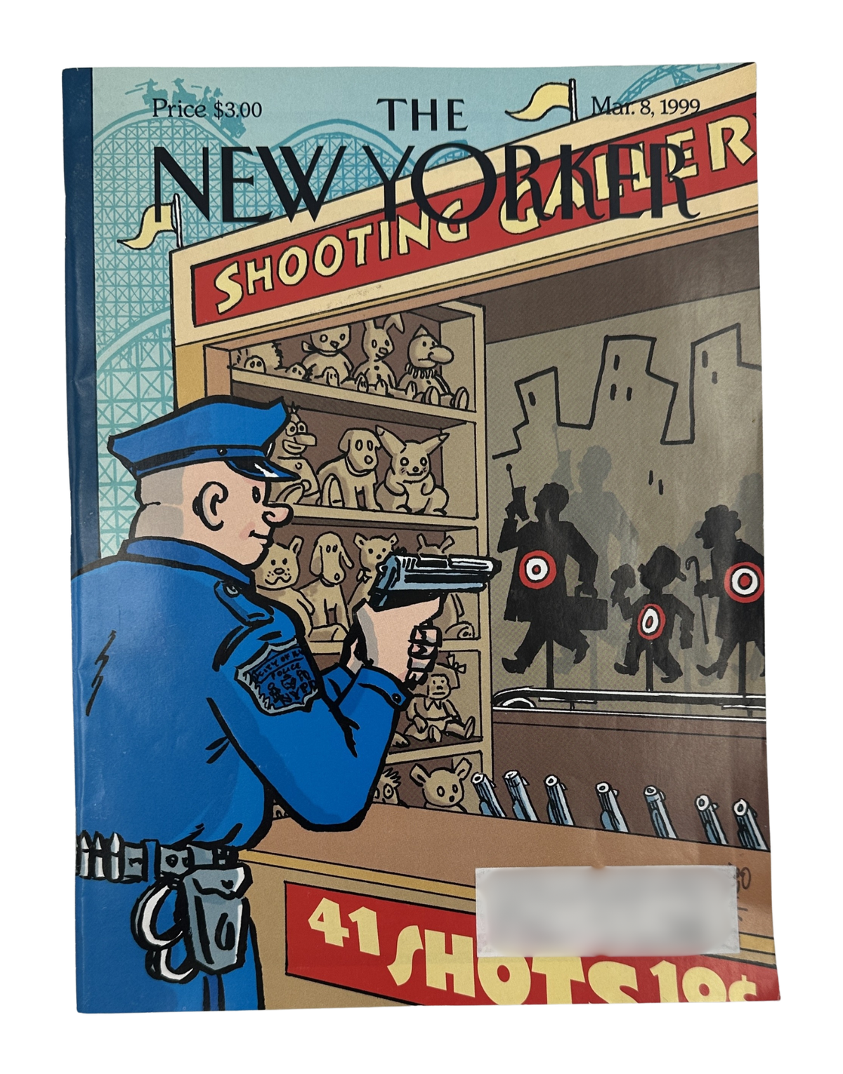 The New Yorker Magazine March 8, 1999 Police Shooting Gallery Art Spiegelman Cover VG, featuring the illustrated "41 Shots 10¢" shooting gallery cover artwork by Art Spiegelman.