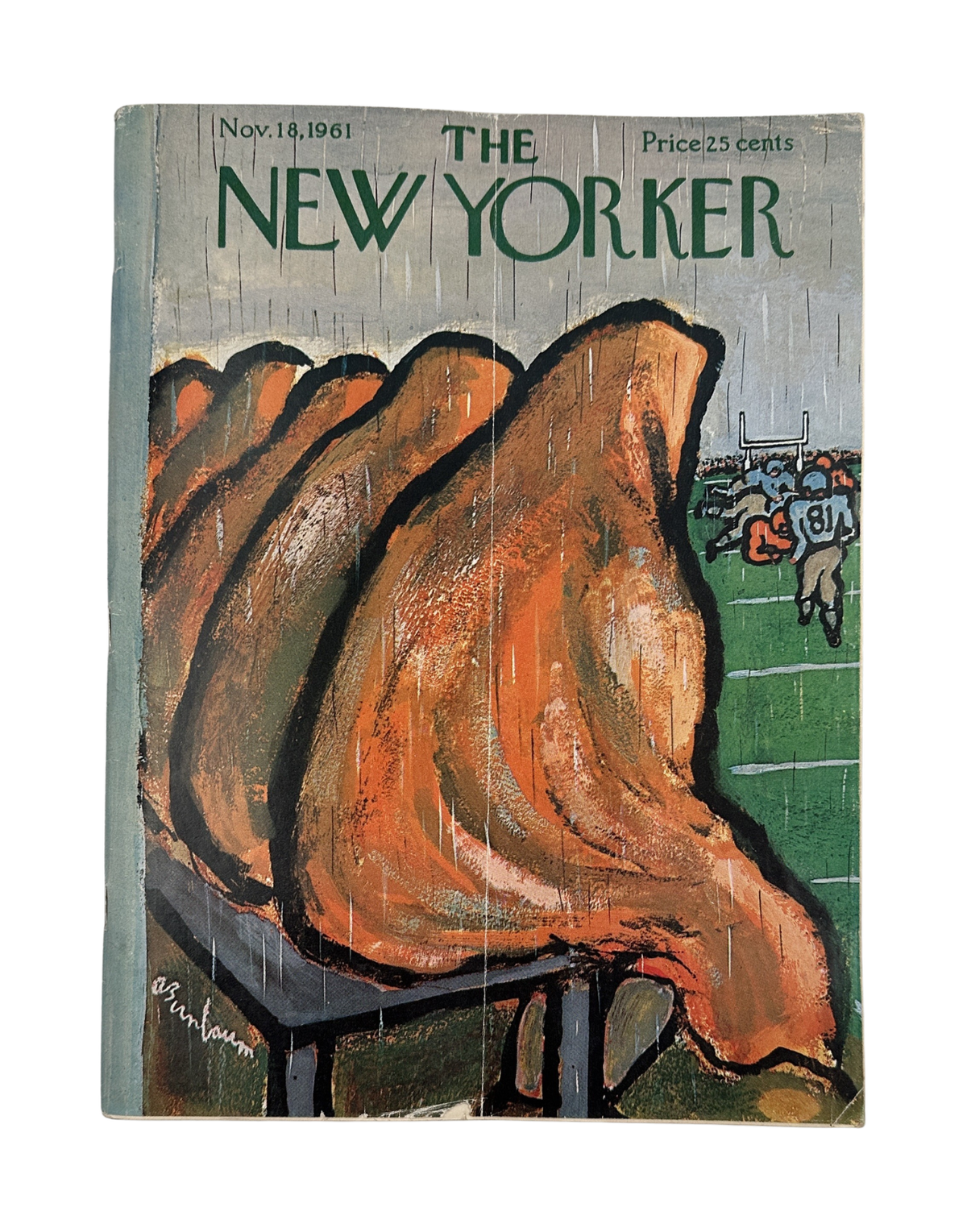 The New Yorker Magazine November 18, 1961 Turkey Football Abe Birnbaum Cover featuring an illustrated Thanksgiving turkey seated on a football field