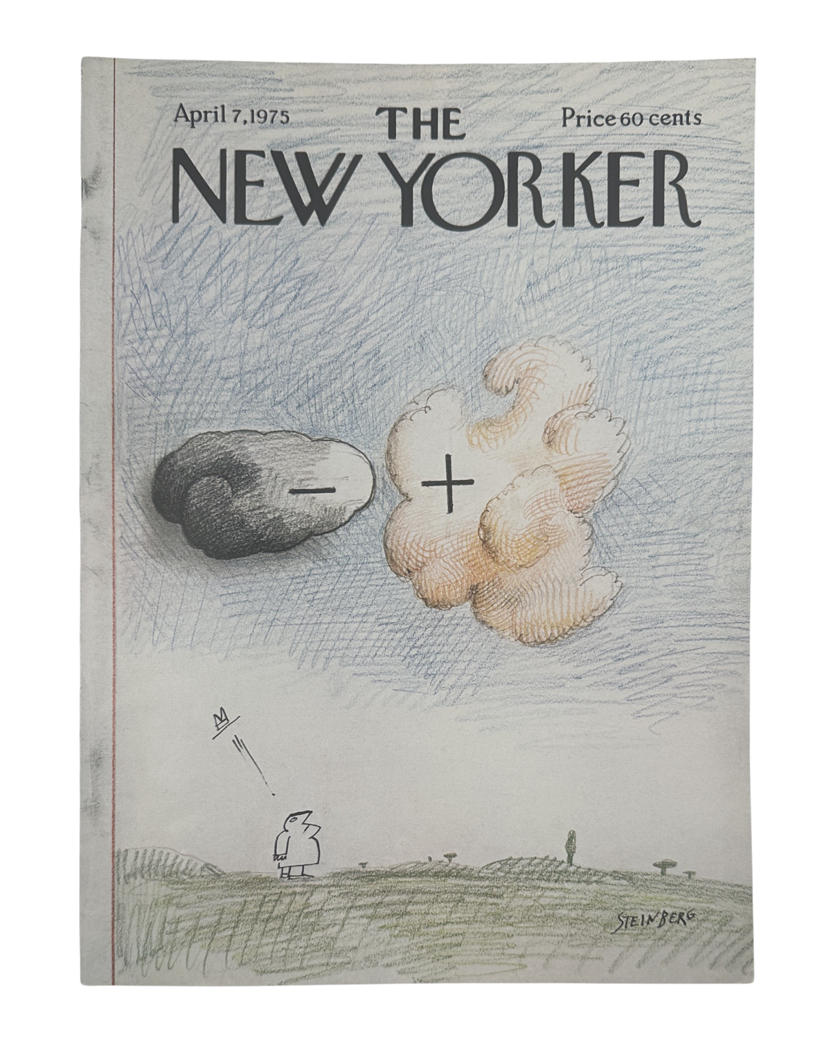 The New Yorker Magazine April 7, 1975 Plus Minus Cloud Saul Steinberg Cover VG, featuring the illustrated cover with black and white cloud forms separated by a plus sign over a landscape.