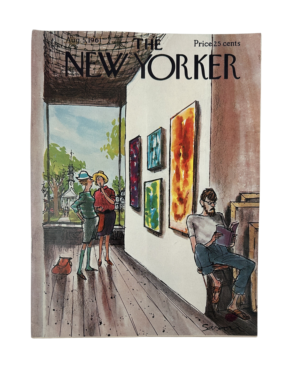 The New Yorker Magazine August 5, 1961 Modern Art Gallery Charles Saxon Cover featuring visitors viewing paintings in an art gallery, with a seated reader and New Yorker masthead.