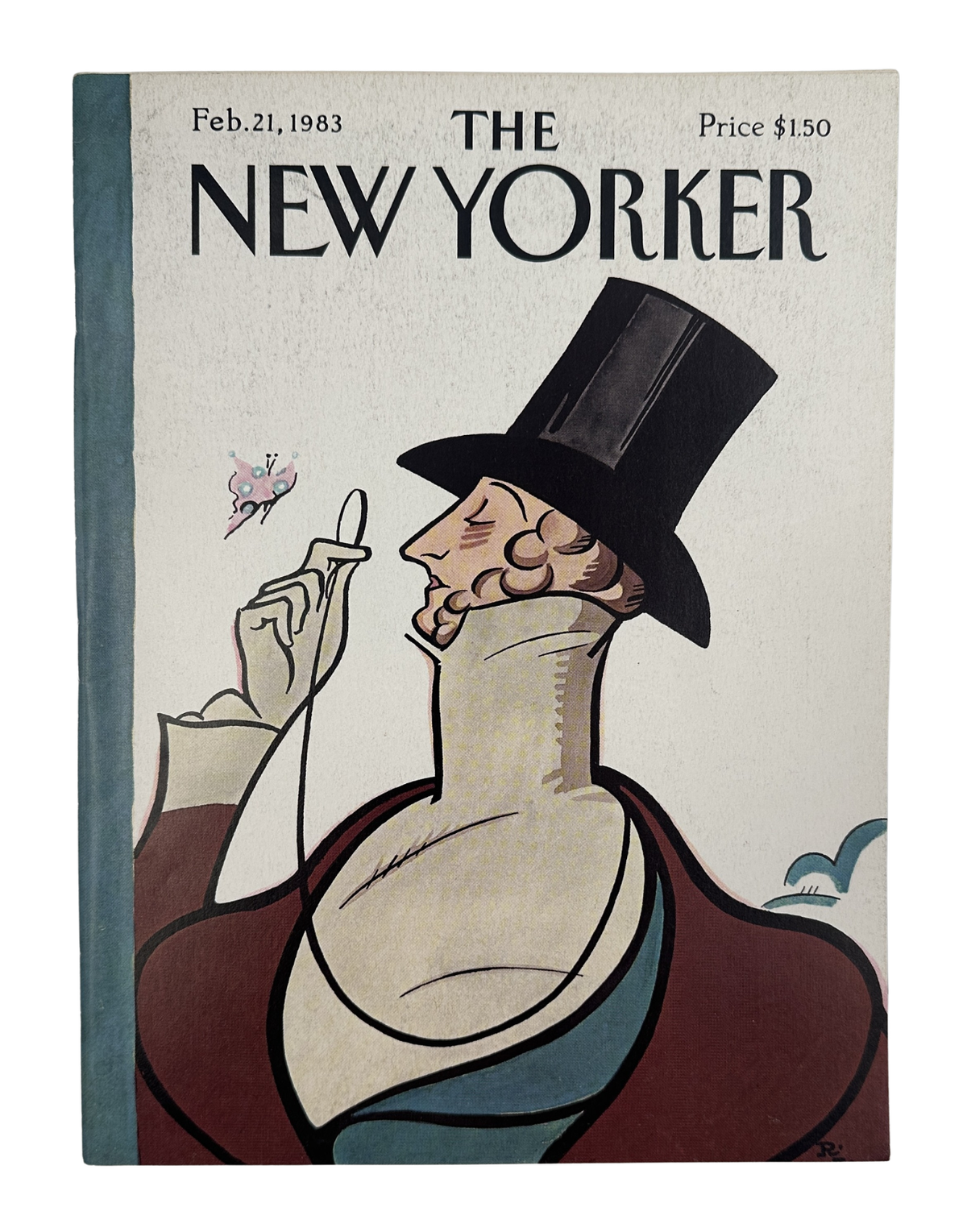 The New Yorker Magazine February 21, 1983 Top Hat Butterfly Rea Irvin Cover VG, featuring a vintage illustrated gentleman in a tall top hat holding a butterfly.