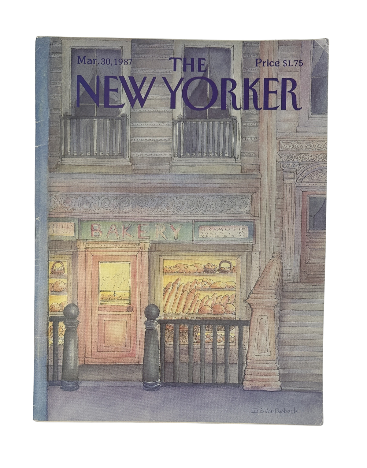 The New Yorker Magazine March 30, 1987 Corner Bakery Storefront Iris Van Rynbach Cover, featuring an illustrated urban bakery storefront with bread displayed in the window.