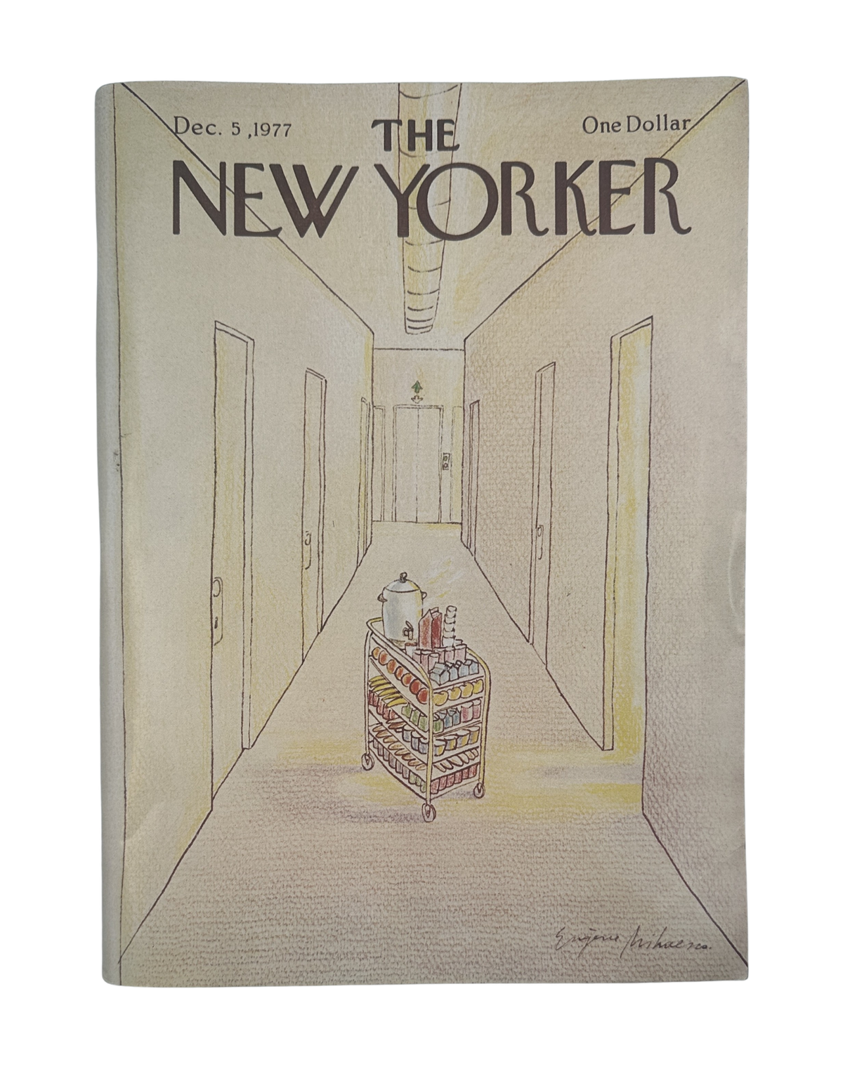 The New Yorker Magazine December 5, 1977 Hotel Room Service Cart Eugene Mihaesco VG, front cover featuring an illustrated hotel hallway with a room service cart.