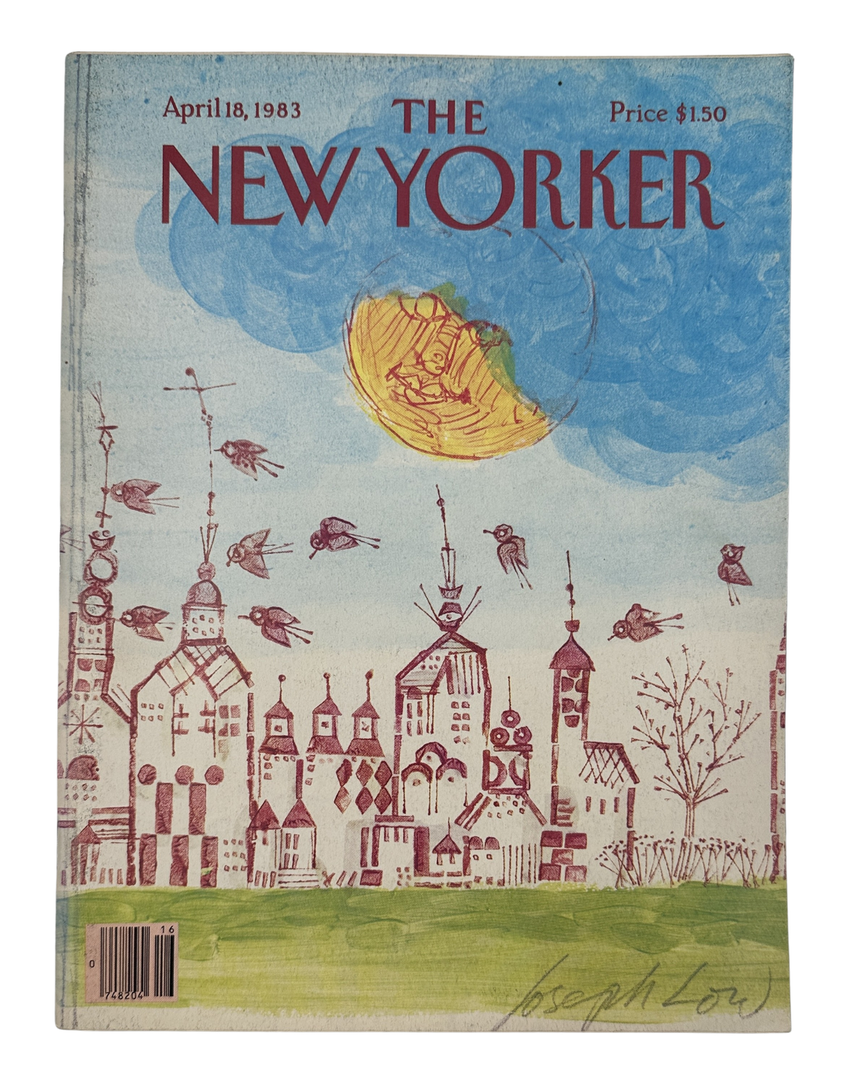 The New Yorker Magazine April 18, 1983 Whimsical City Moon Joseph Low Cover VG, showing the illustrated front cover with a moon above a whimsical cityscape and flying figures.