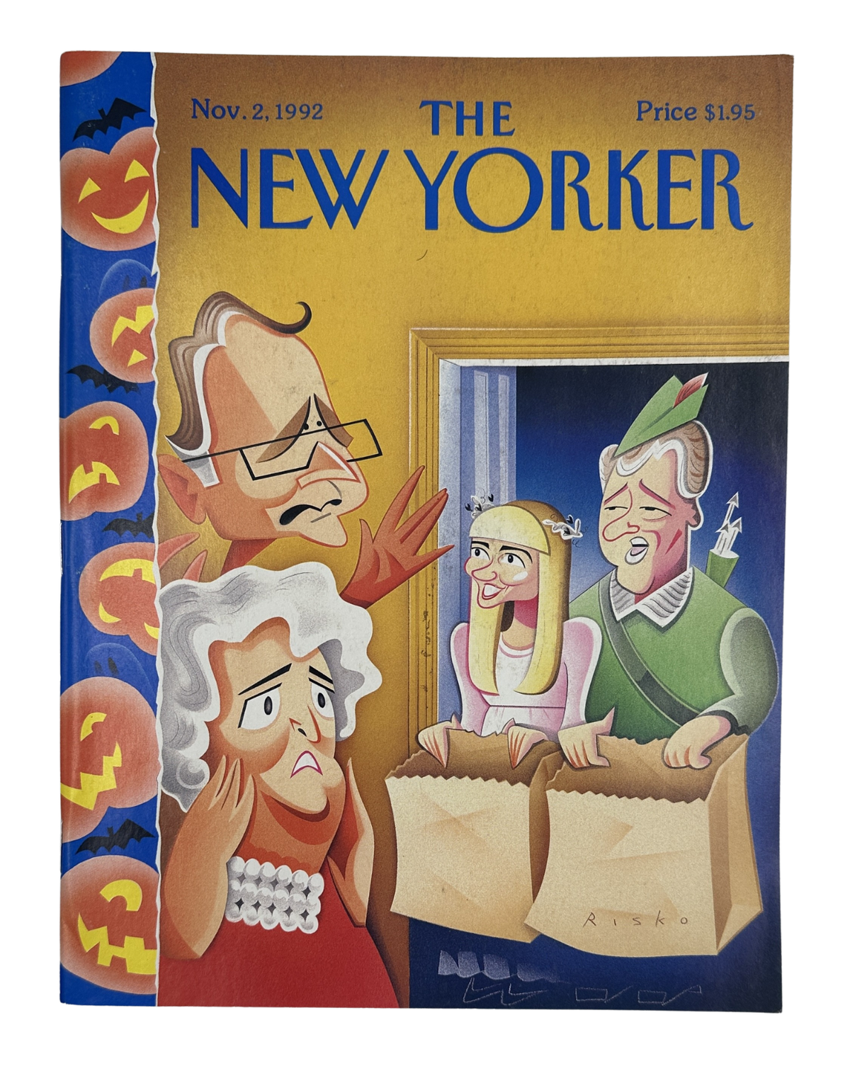 The New Yorker Magazine November 2, 1992 Halloween Trick-or-Treat Robert Risko Cover VG, featuring a colorful Halloween trick-or-treating illustration with costumed children and adults.