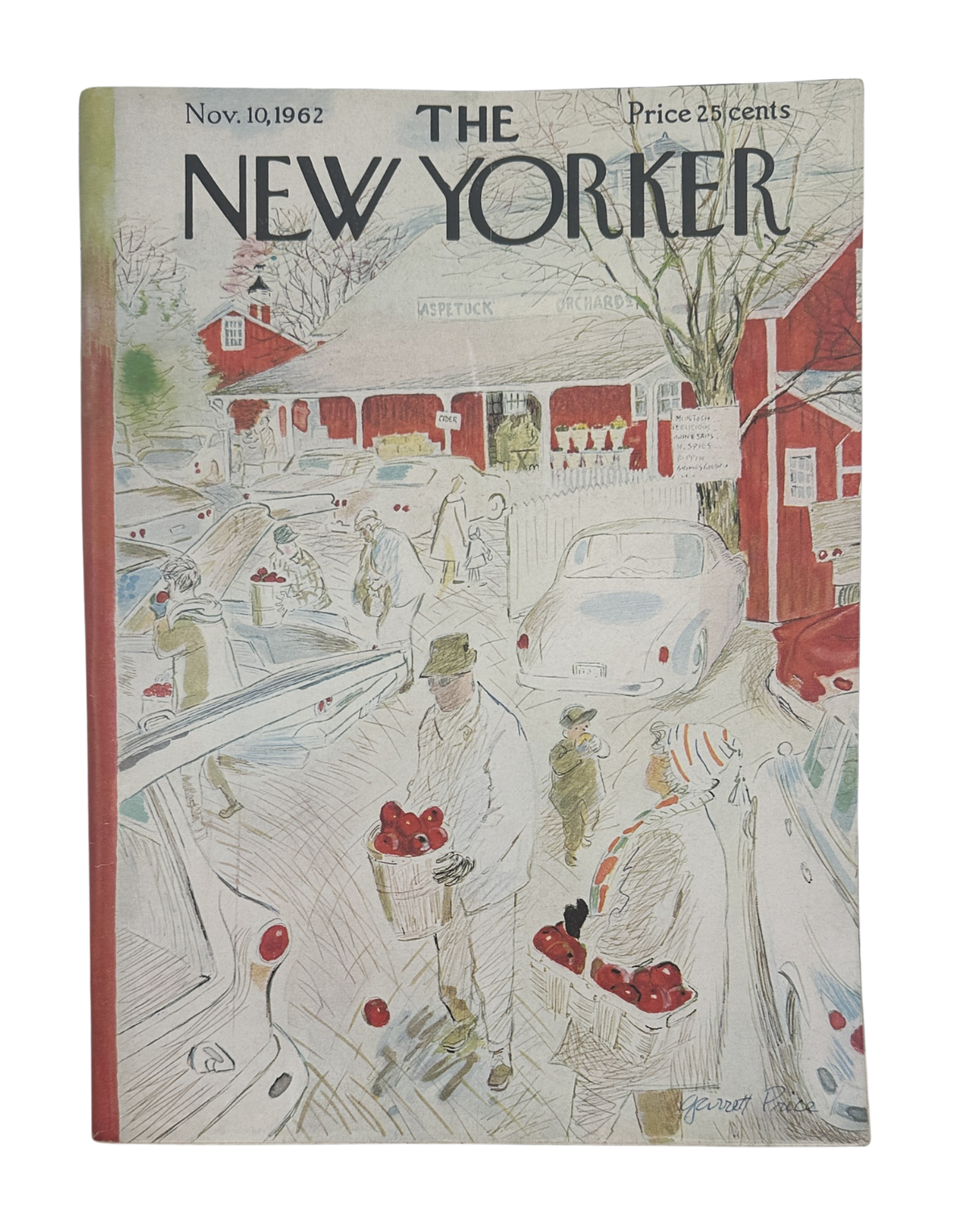 The New Yorker Magazine November 10, 1962 Apple Market Garrett Price Cover VG, featuring an illustrated winter apple market scene with shoppers, red barns, cars, and snow-covered trees.