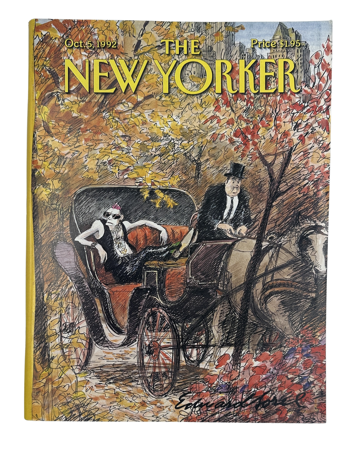 The New Yorker Magazine October 5, 1992 Autumn Carriage Edward Sorel Cover VG, featuring an illustrated horse-drawn carriage in an autumn park.