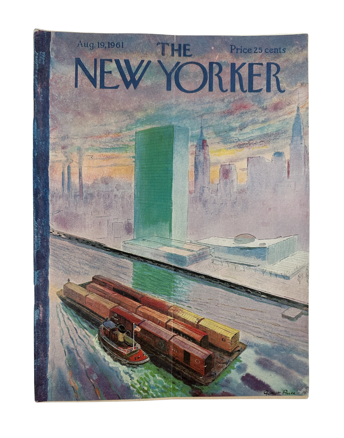 The New Yorker Magazine August 19, 1961 UN Tugboat Garrett Price Cover featuring a colorful New York harbor scene with tugboats and Manhattan skyline