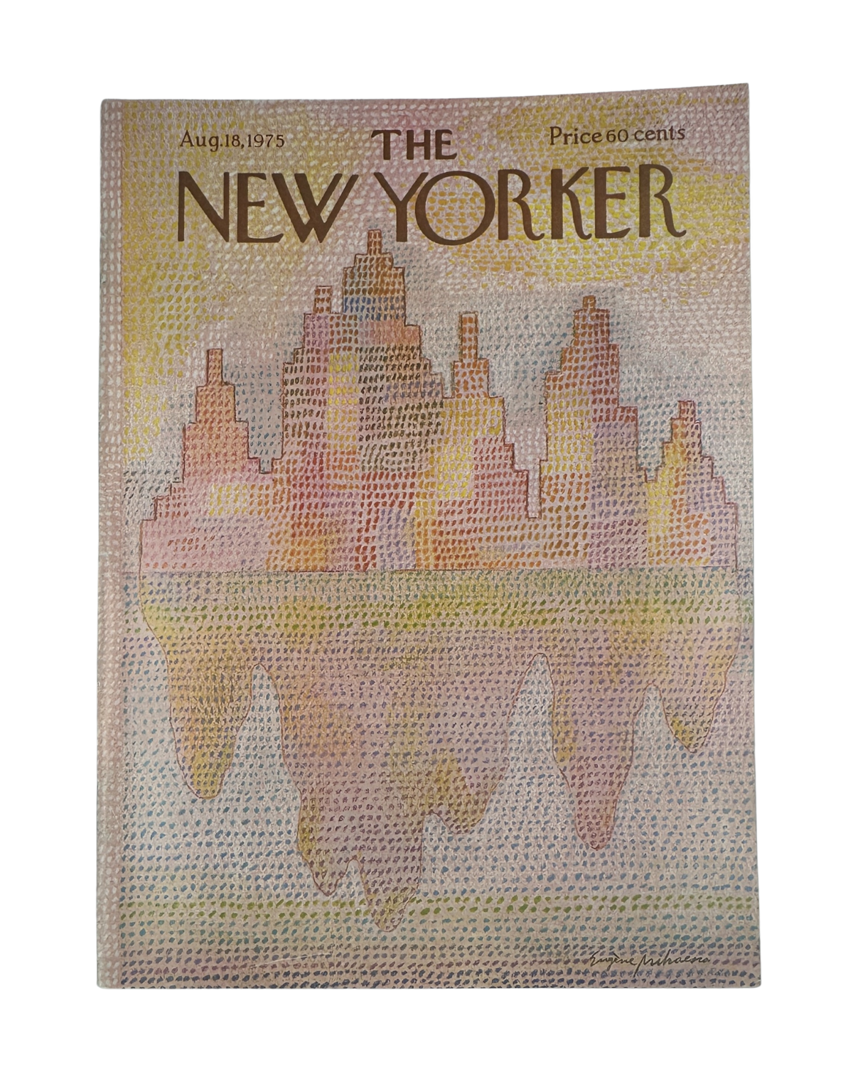 The New Yorker Magazine August 18, 1975 Skyline Reflection Eugène Mihaesco Cover VG, featuring a colorful city skyline reflected in water