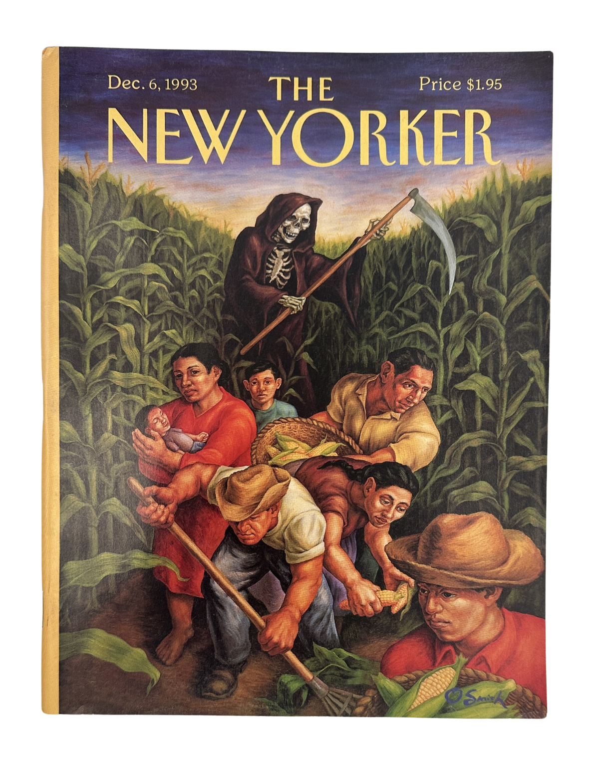The New Yorker Magazine December 6, 1993 Cornfield Grim Reaper Owen Smith Cover VG, featuring a Grim Reaper carrying a scythe through a cornfield with farm workers.