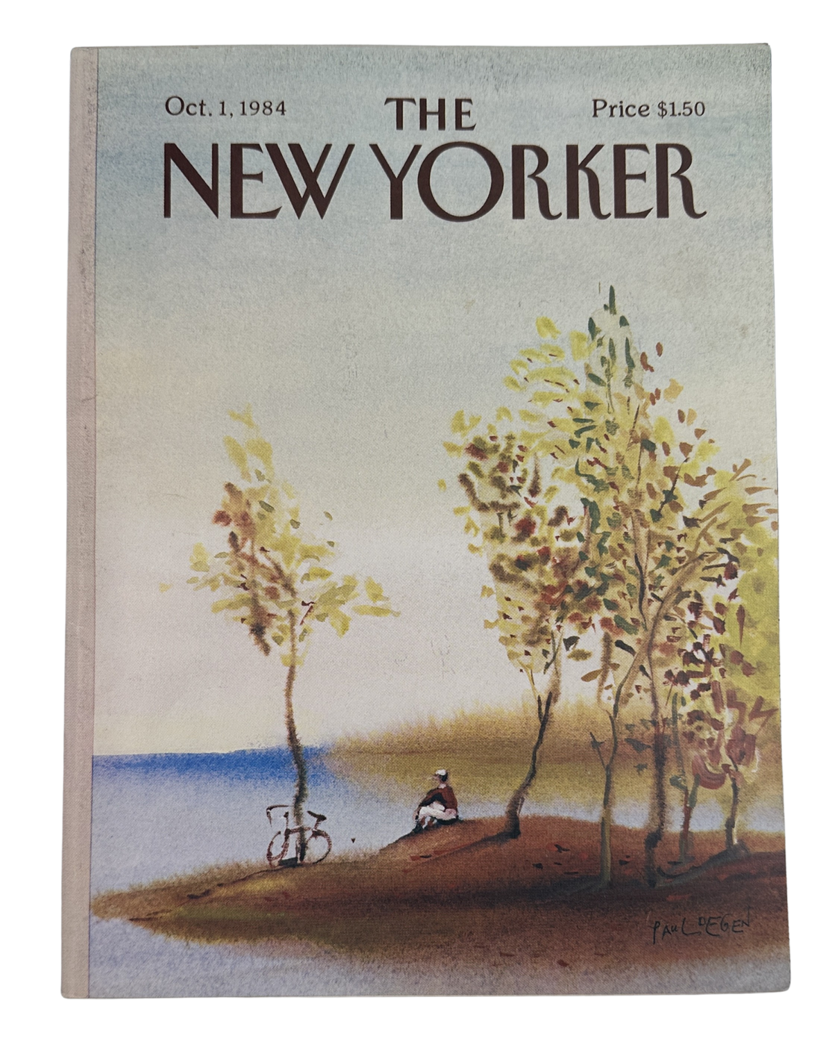 The New Yorker Magazine October 1, 1984 Lakeside Bicycle Paul Degen Cover VG, featuring a lakeside landscape with bicycles, trees, and a seated cyclist.