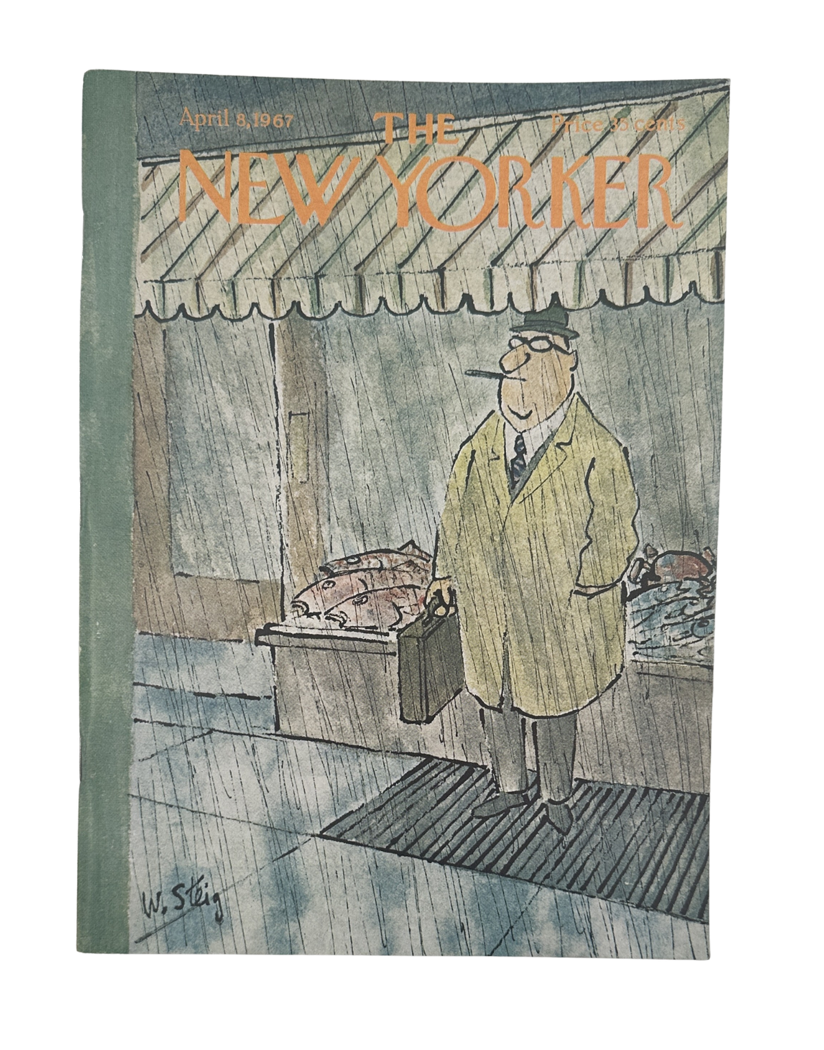 The New Yorker Magazine April 8, 1967 Rainy Butcher William Steig Cover VG, featuring a rainy street scene with a butcher and shop awning.