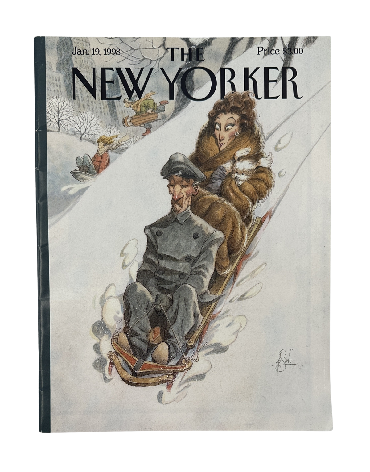 The New Yorker Magazine January 19, 1998 Winter Sledding Snow Peter de Sève Cover VG, featuring an illustrated couple sledding through snow on the front cover.