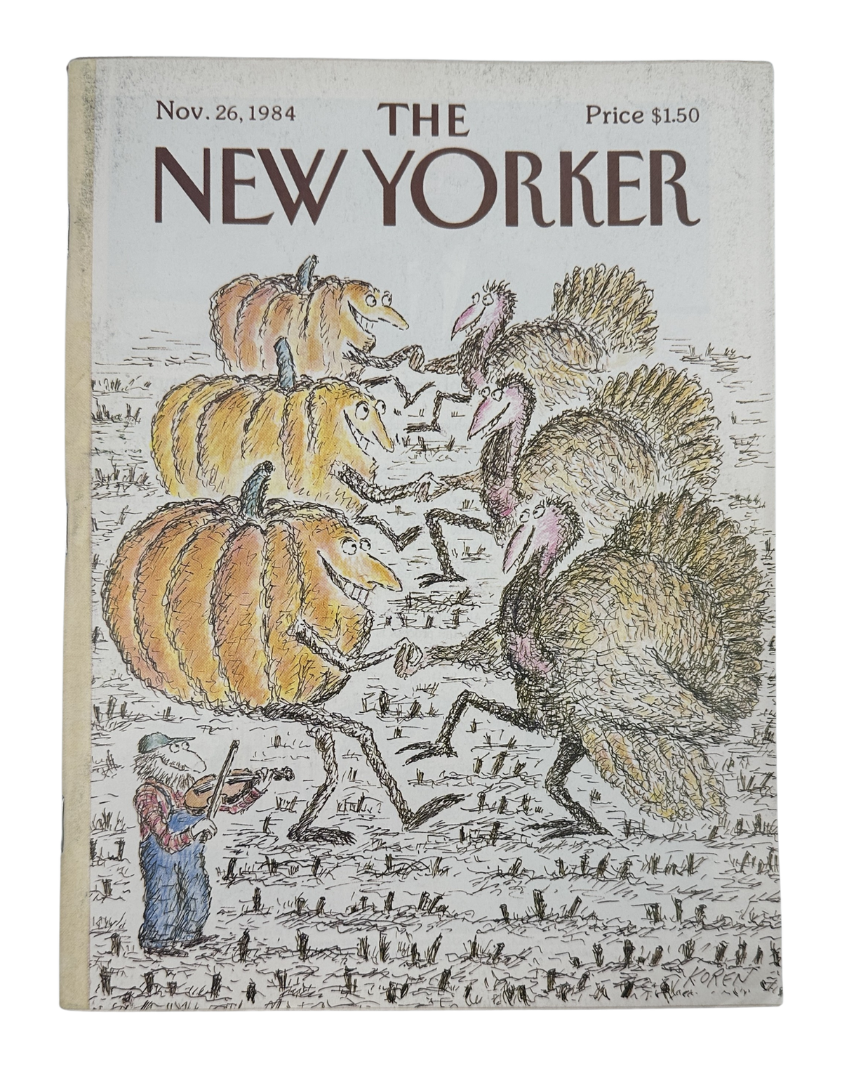 The New Yorker Magazine November 26, 1984 Dancing Turkeys Pumpkins Edward Koren VG, front cover featuring illustrated dancing turkeys, pumpkins, and a farmer in a field