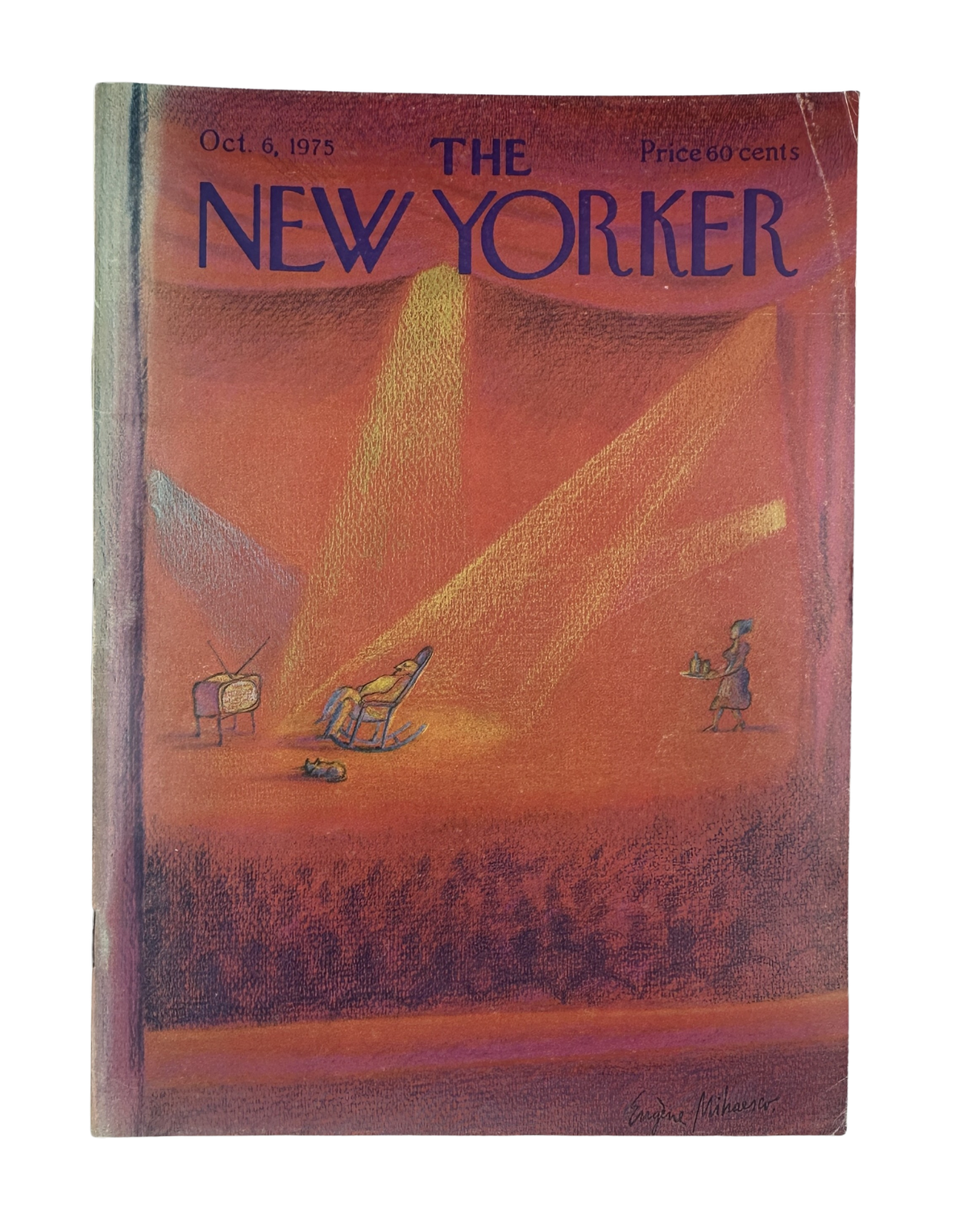 The New Yorker Magazine October 6, 1975 Stage TV Rocking Chair Eugène Mihaesco Cover VG, illustrated front cover featuring a colorful stage scene with a rocking chair and television.