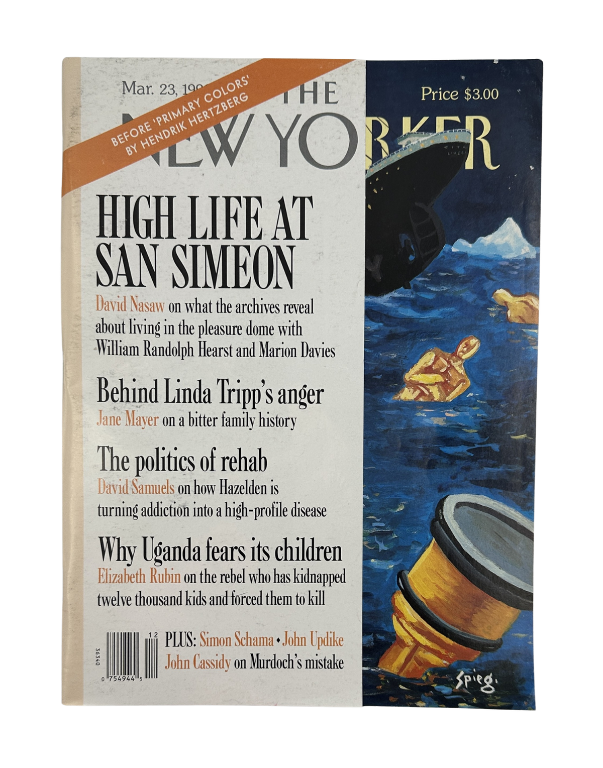 The New Yorker Magazine March 23, 1998 Titanic Iceberg Art Spiegelman Cover VG, front cover featuring illustrated iceberg artwork and headlines about San Simeon, Linda Tripp, rehabilitation, and Uganda.