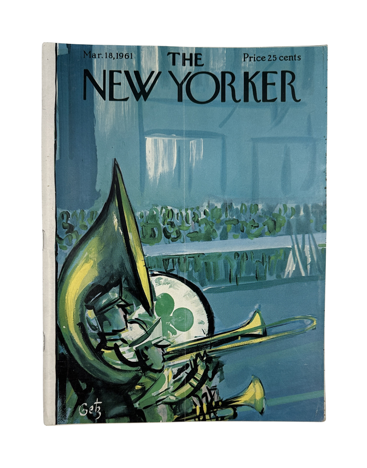 The New Yorker Magazine March 18, 1961 St. Patrick's Day Parade Arthur Getz Cover, featuring musicians and a green shamrock illustration.
