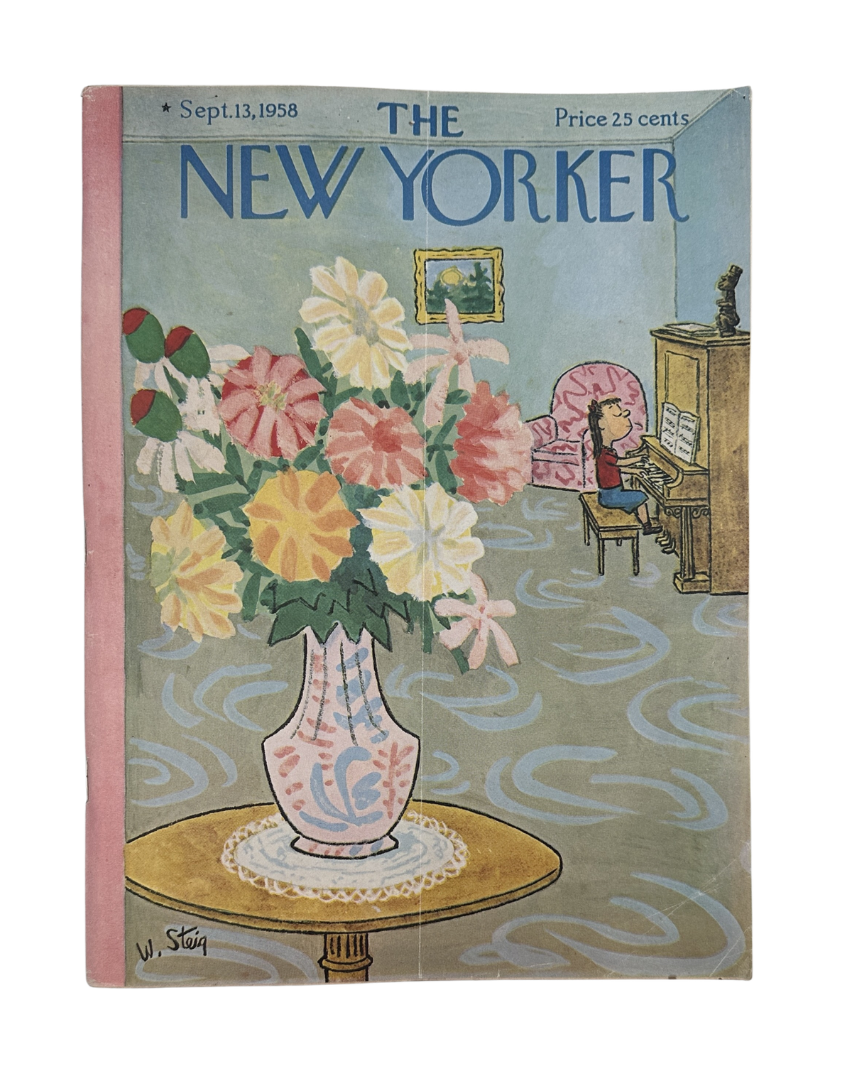 The New Yorker Magazine September 13, 1958 Piano William Steig Cover featuring a colorful flower vase, piano, and seated musician illustration