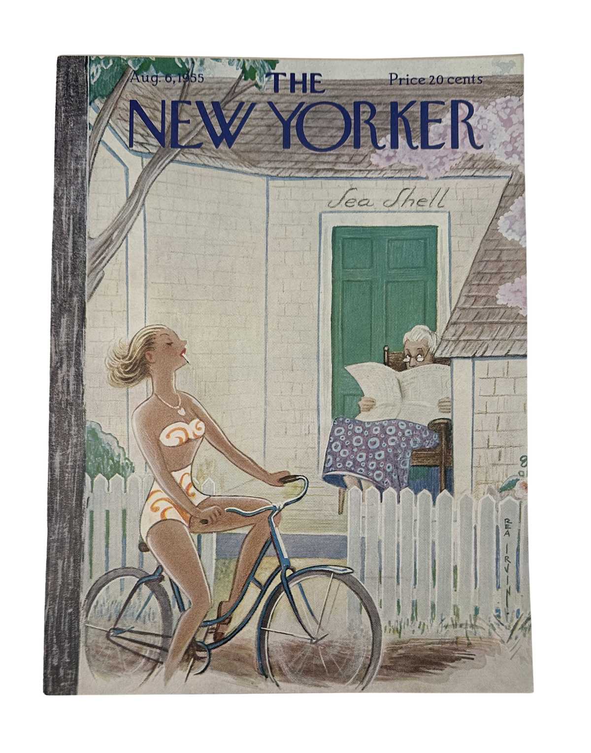 The New Yorker Magazine August 6, 1955 Beach Bicycle Tea Shell Rea Irvin Cover VG