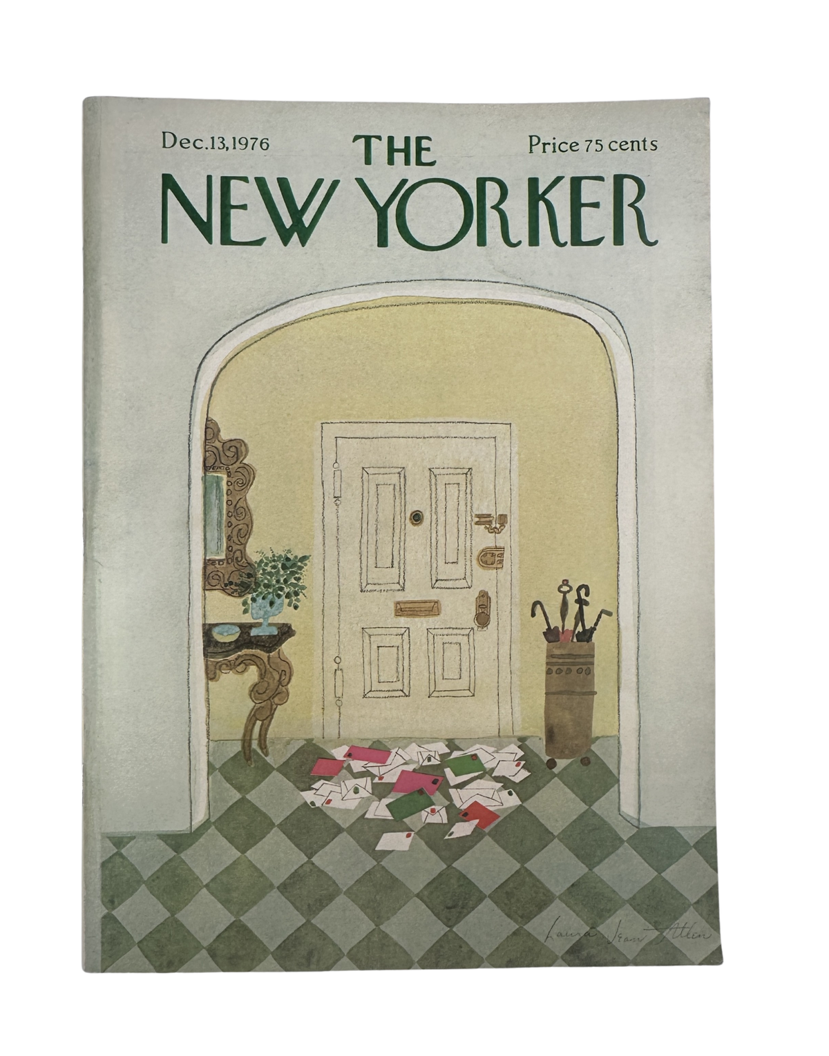 The New Yorker Magazine December 13, 1976 Christmas Mail Entryway Laura Jean Allen VG front cover featuring a decorated entryway, scattered Christmas mail, umbrella stand, and checkerboard floor