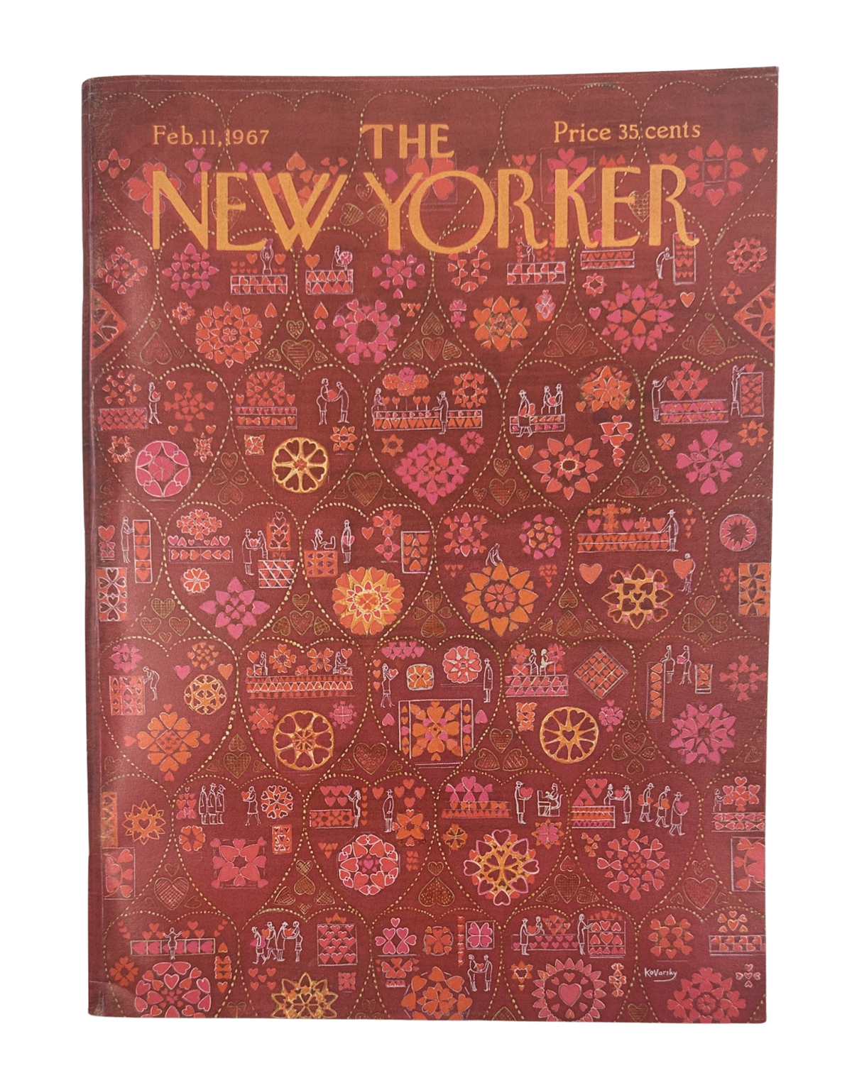 The New Yorker Magazine February 11, 1967 Valentine Hearts Anatol Kovarsky Cover VG, featuring an intricate red and pink Valentine heart pattern with floral motifs and the iconic New Yorker masthead.