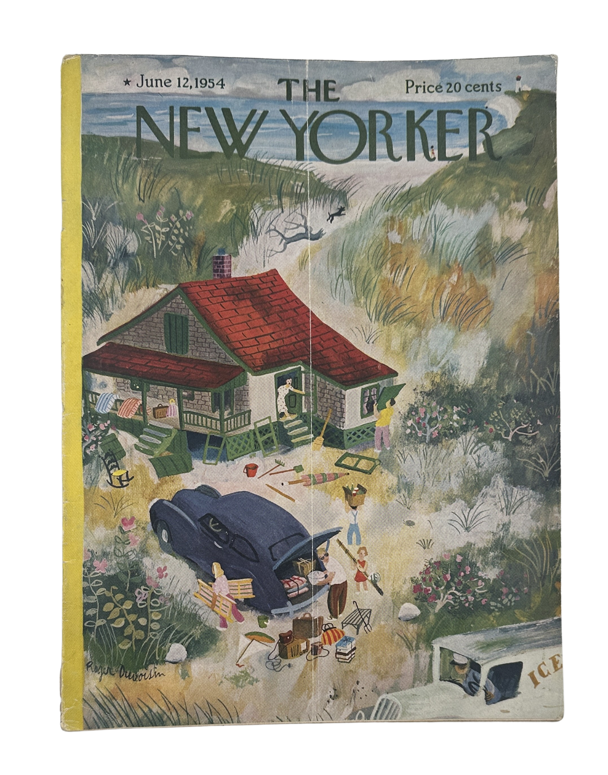 The New Yorker Magazine June 12, 1954 Beach House Roger Duvoisin Cover featuring an illustrated seaside cottage, beach grass, vintage car, and people outdoors