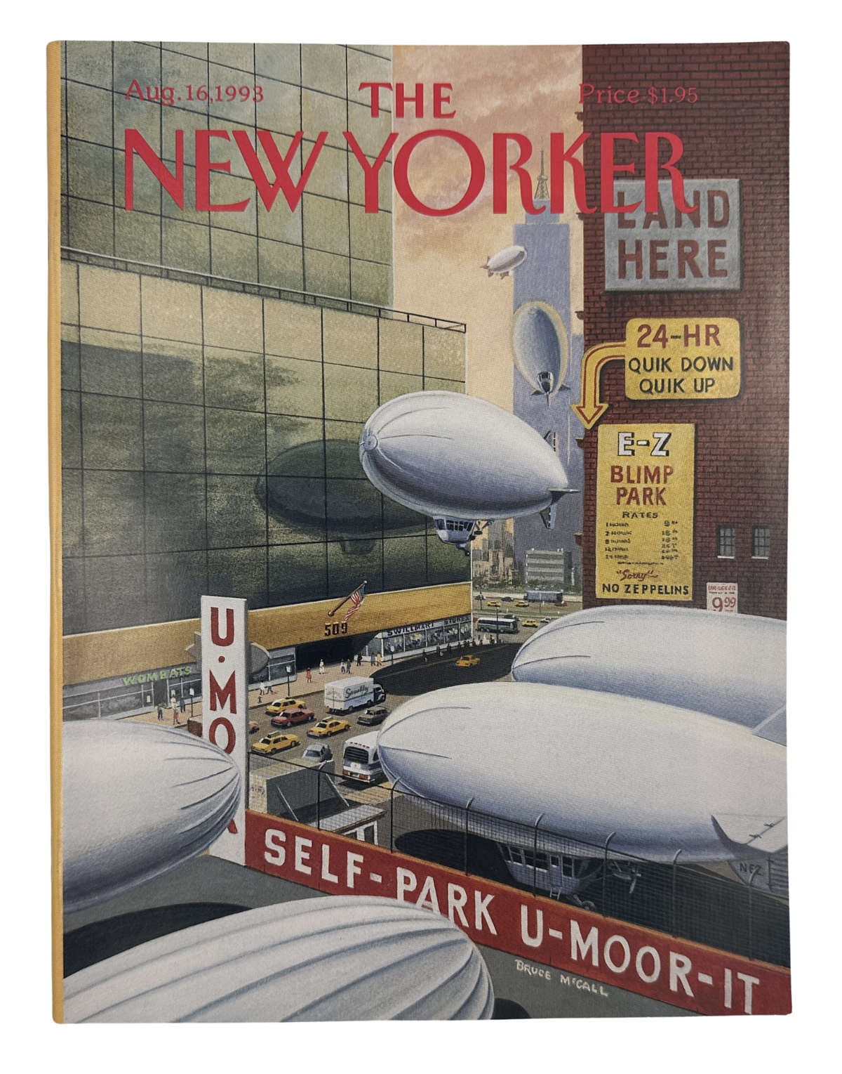 The New Yorker Magazine August 16, 1993 Blimp Parking Garage Bruce McCall Cover VG, featuring a whimsical illustration of blimps parked in a multi-level urban garage with U-Moor-It self-park signs.