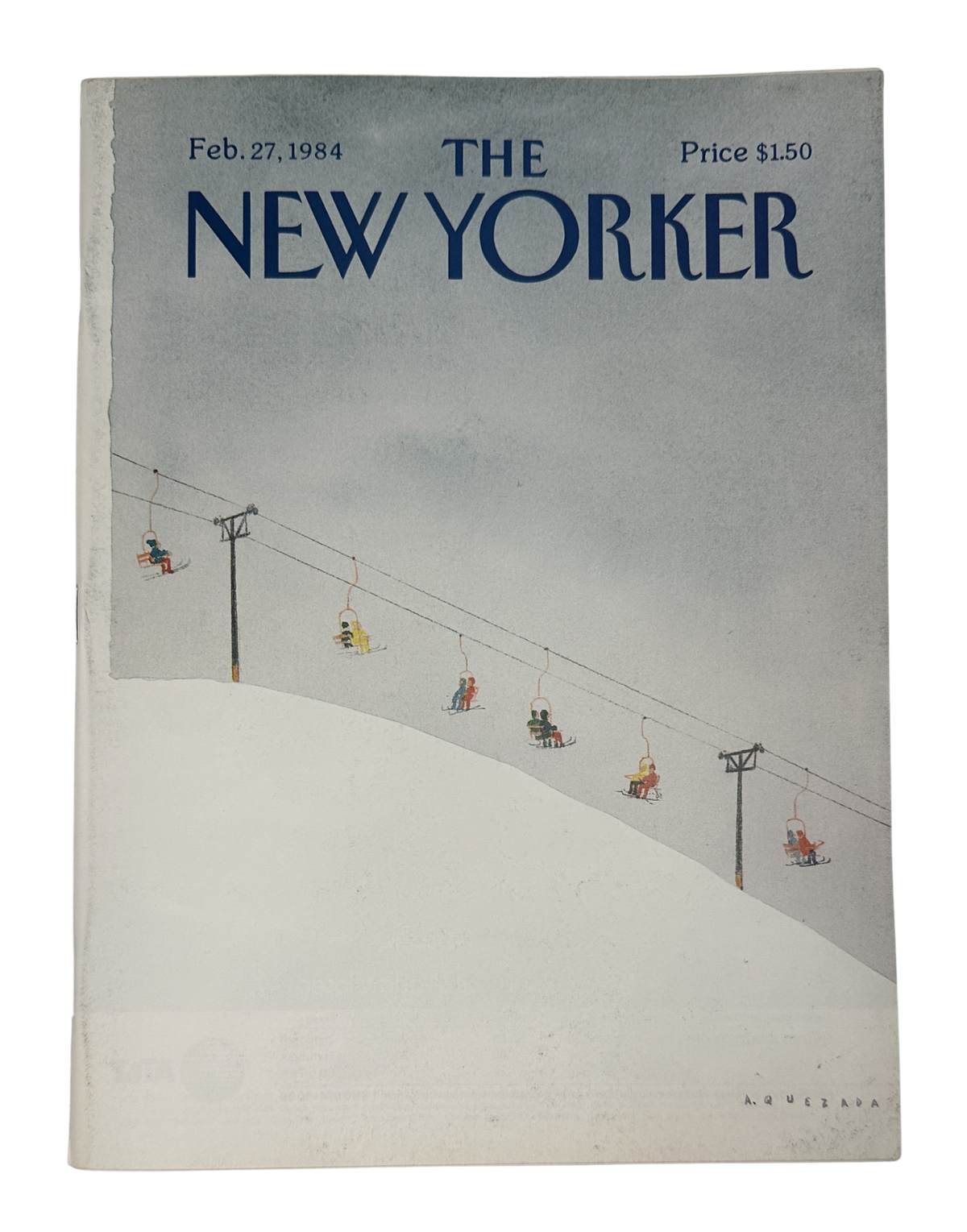 The New Yorker Magazine February 27, 1984 Ski Lift Abel Quezada Cover VG, featuring a minimalist ski lift illustration on a snowy slope.