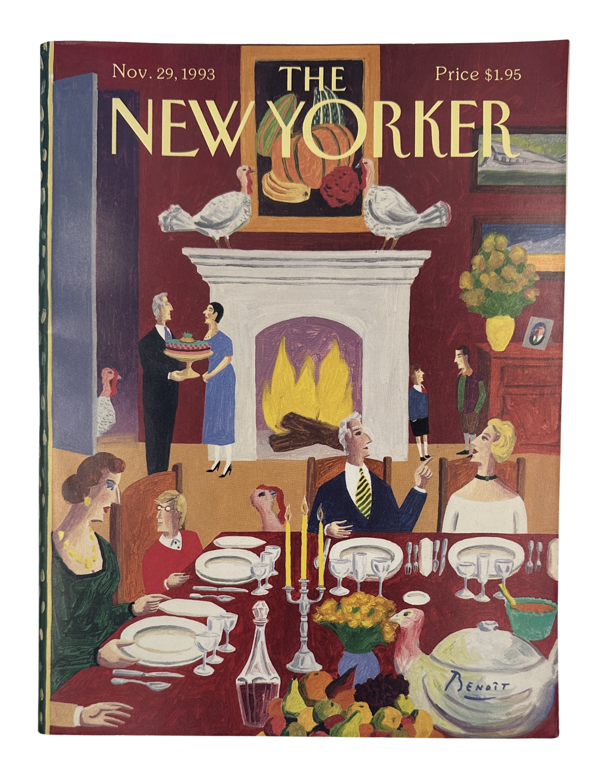 The New Yorker Magazine November 29, 1993 Thanksgiving Dinner Benoit van Innis Cover VG, featuring an illustrated Thanksgiving dinner scene around a festive table.