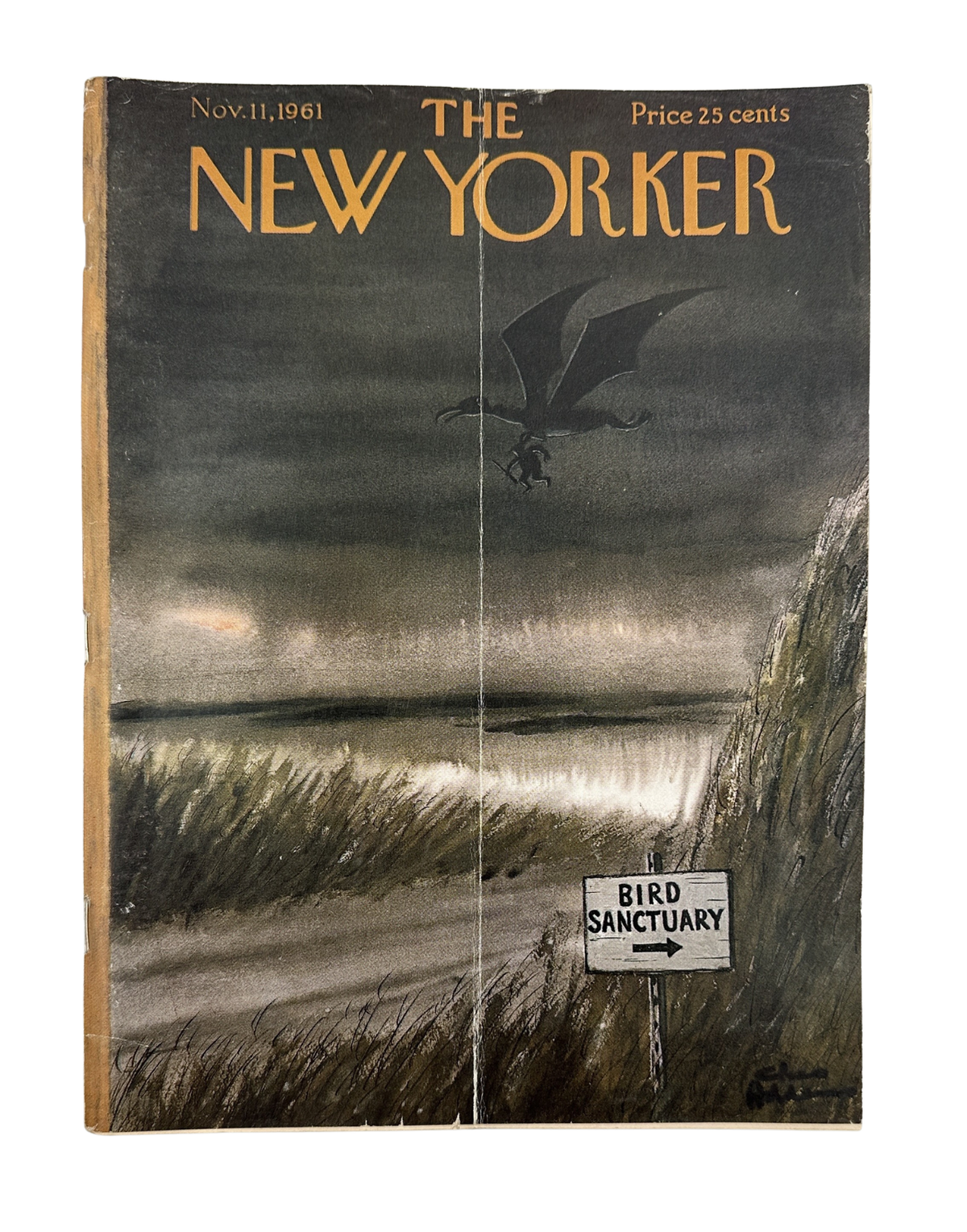 The New Yorker Magazine November 11, 1961 Giant Bird Sanctuary Charles Addams Cover, featuring a dark coastal bird sanctuary scene and bird sanctuary sign.