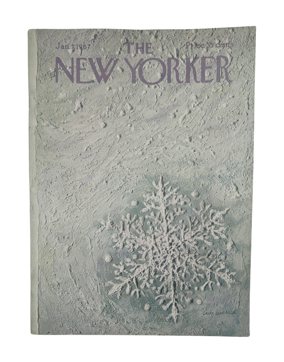 The New Yorker Magazine January 7, 1967 Snowflake Art Laura Jean Allen Cover VG, showing the textured snowflake cover design and purple New Yorker masthead.