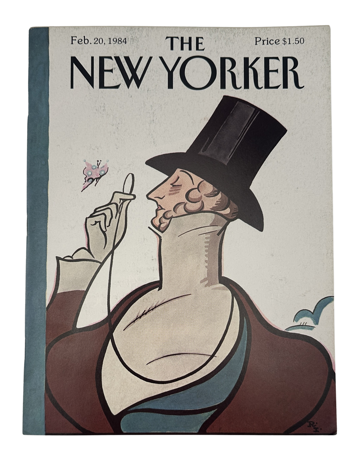 The New Yorker Magazine February 20, 1984 Top Hat Butterfly Rea Irvin Cover VG, featuring a whimsical illustrated figure in a tall black top hat admiring a butterfly on the classic New Yorker cover.