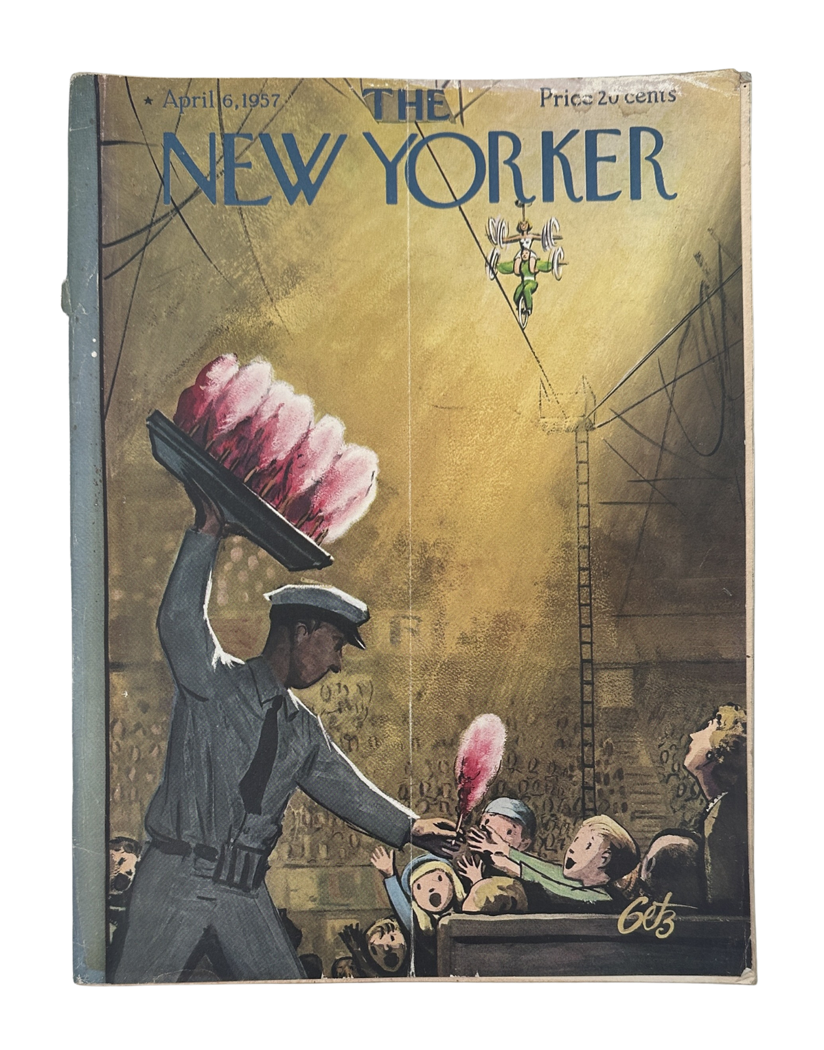 The New Yorker Magazine April 6, 1957 Circus Tightrope Arthur Getz Cover featuring an illustrated circus popcorn vendor and children beneath a high-wire performer