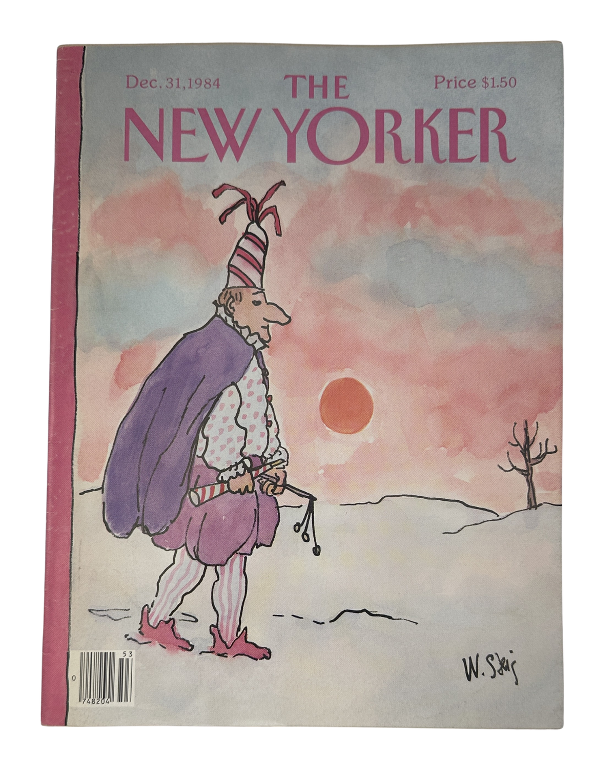 The New Yorker Magazine December 31, 1984 Party Hat Winter Sunset William Steig Cover VG, front cover featuring a whimsical party-hat character overlooking a winter sunset landscape.