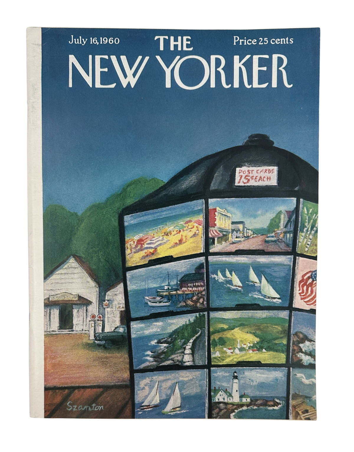 The New Yorker Magazine July 16, 1960 Postcard Rack Beach Sailing Beatrice Szanton Cover VG, featuring a vintage illustrated postcard rack with beach and sailing scenes.