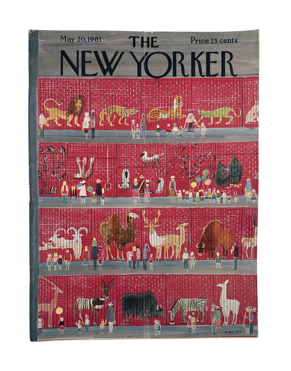 The New Yorker Magazine May 20, 1961 Zoo Animals Anatol Kovarsky Cover, vintage magazine cover featuring colorful illustrated zoo animals and visitors in display enclosures.