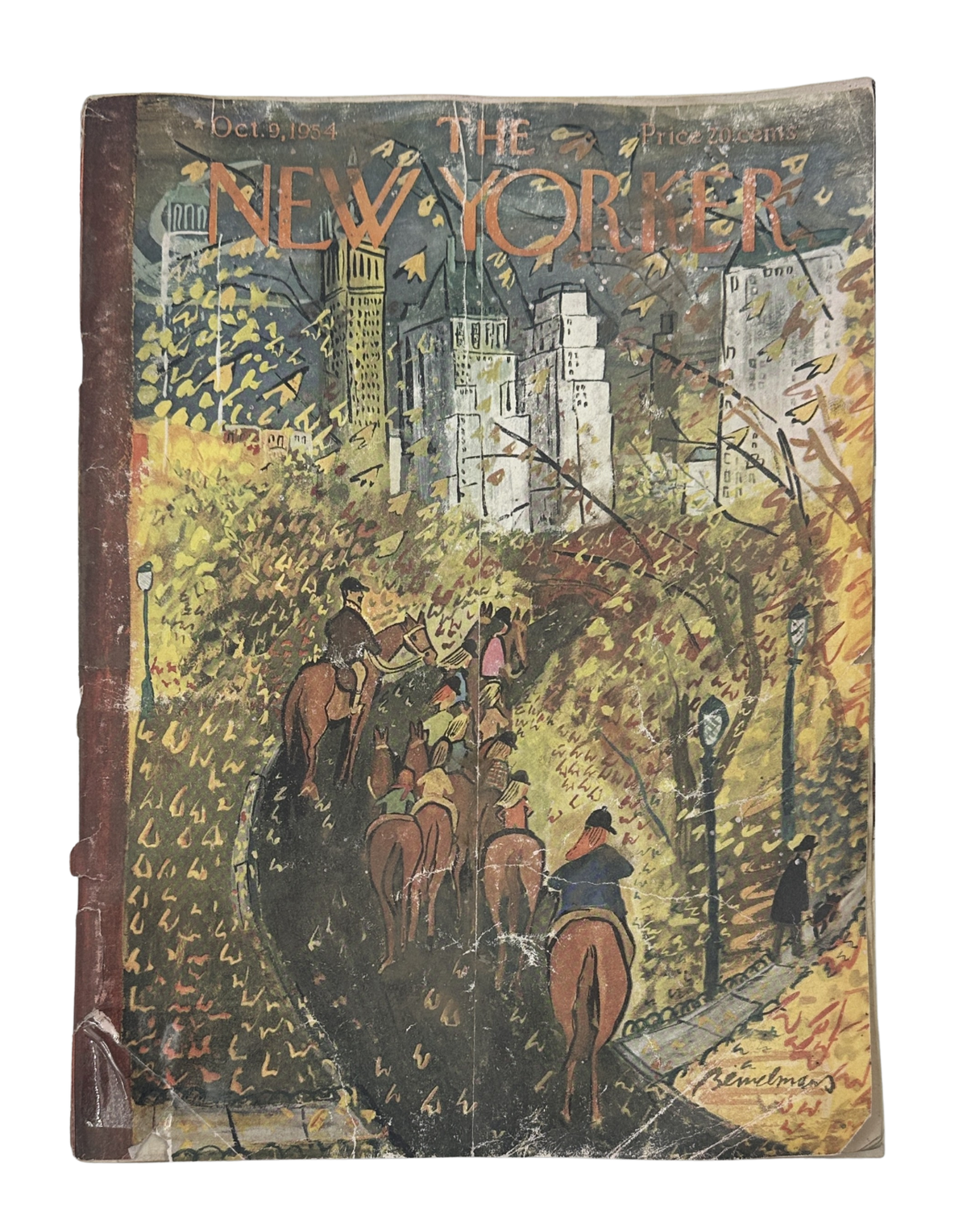 The New Yorker Magazine October 9, 1954 Autumn Horse Ludwig Bemelmans Cover, showing an illustrated autumn horseback riding scene with visible age wear.