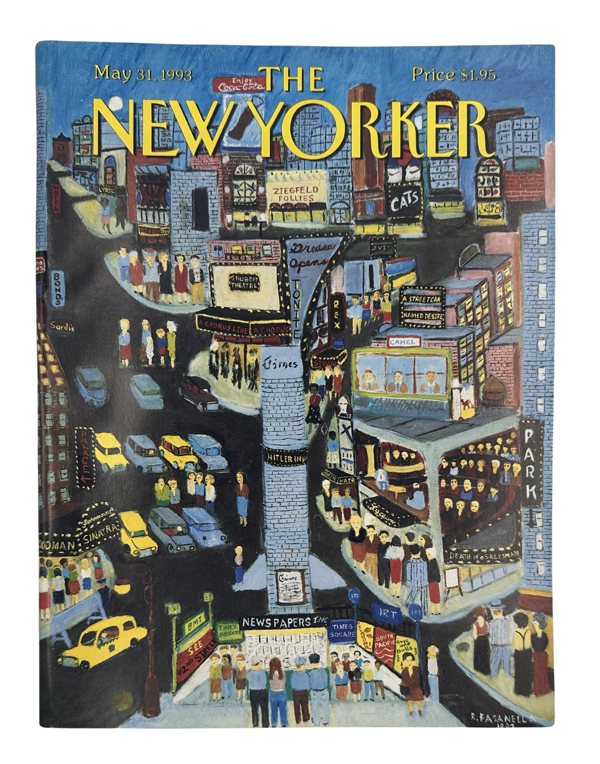The New Yorker Magazine May 31, 1993 Broadway Times Square Ralph Fasanella Cover VG, illustrated cover depicting a busy Broadway and Times Square street scene with theaters, taxis, shops, and pedestrians.