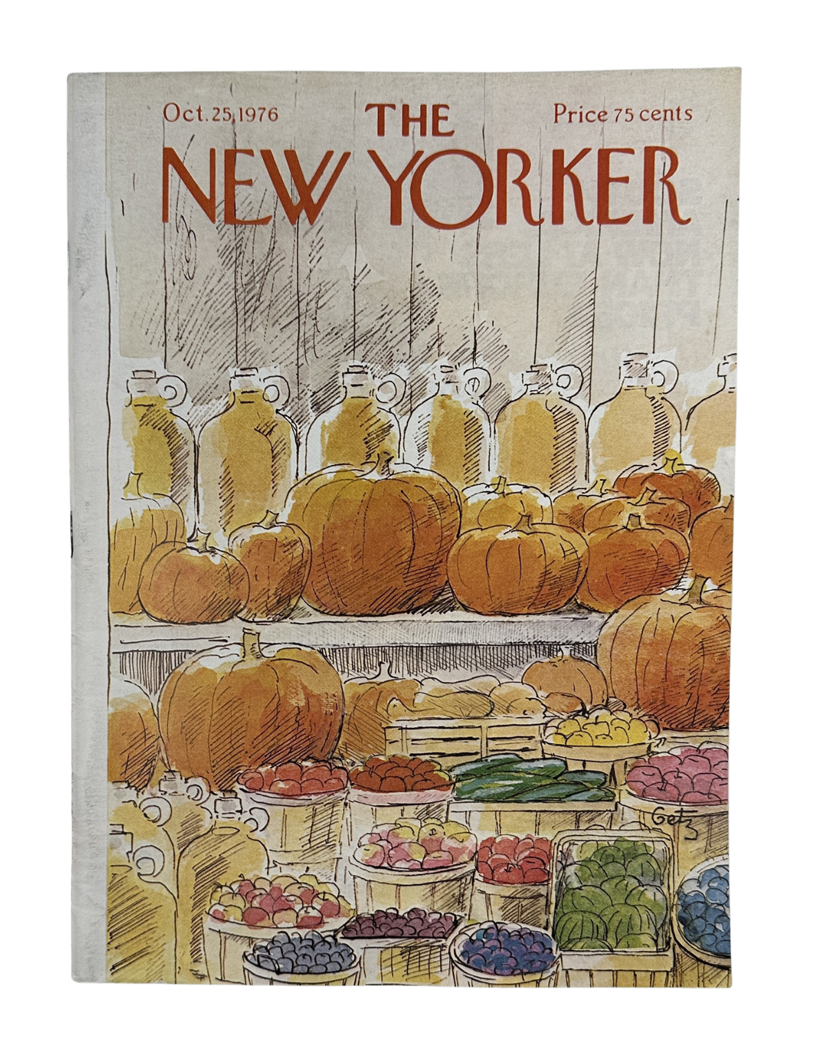 The New Yorker Magazine October 25, 1976 Pumpkin Market Arthur Getz Cover VG, vintage magazine front cover featuring an illustrated autumn pumpkin market scene.