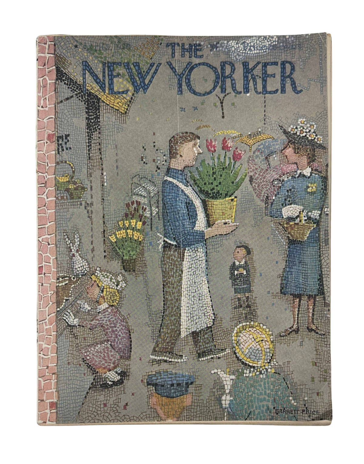The New Yorker Magazine April 5, 1958 Florist Garrett Price Cover featuring a mosaic-style florist scene with a woman carrying tulips, flower vendors, and bouquets; vintage reader-condition magazine cover.