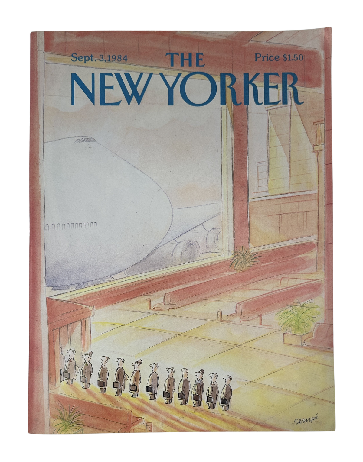 The New Yorker Magazine September 3, 1984 Airport Line Airplane J. J. Sempé Cover VG, featuring a vintage illustrated airport scene with passengers waiting in line beside an airplane.